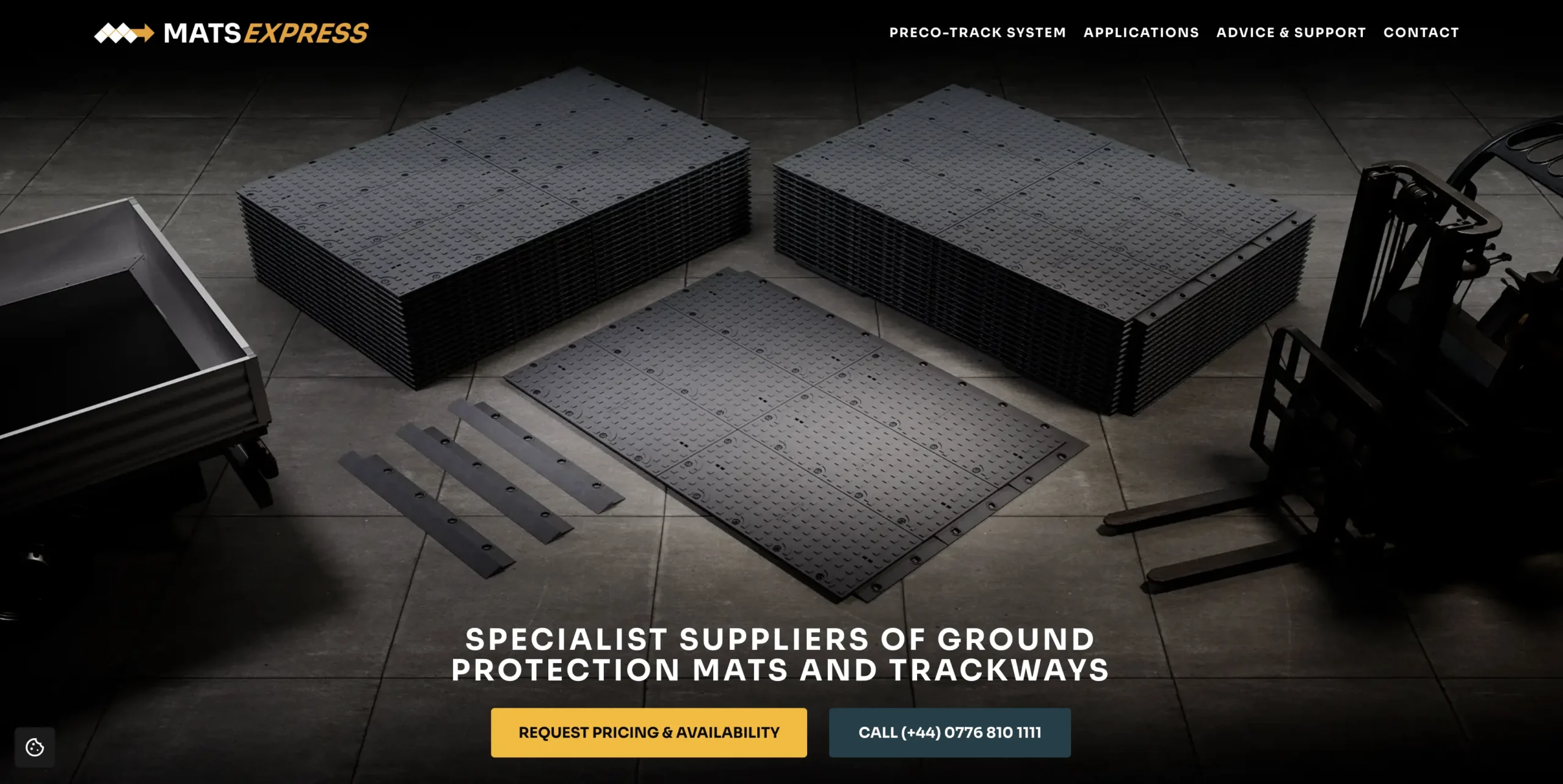 CGI rendered image of a warehouse containing stacks of preco-trak mats.
