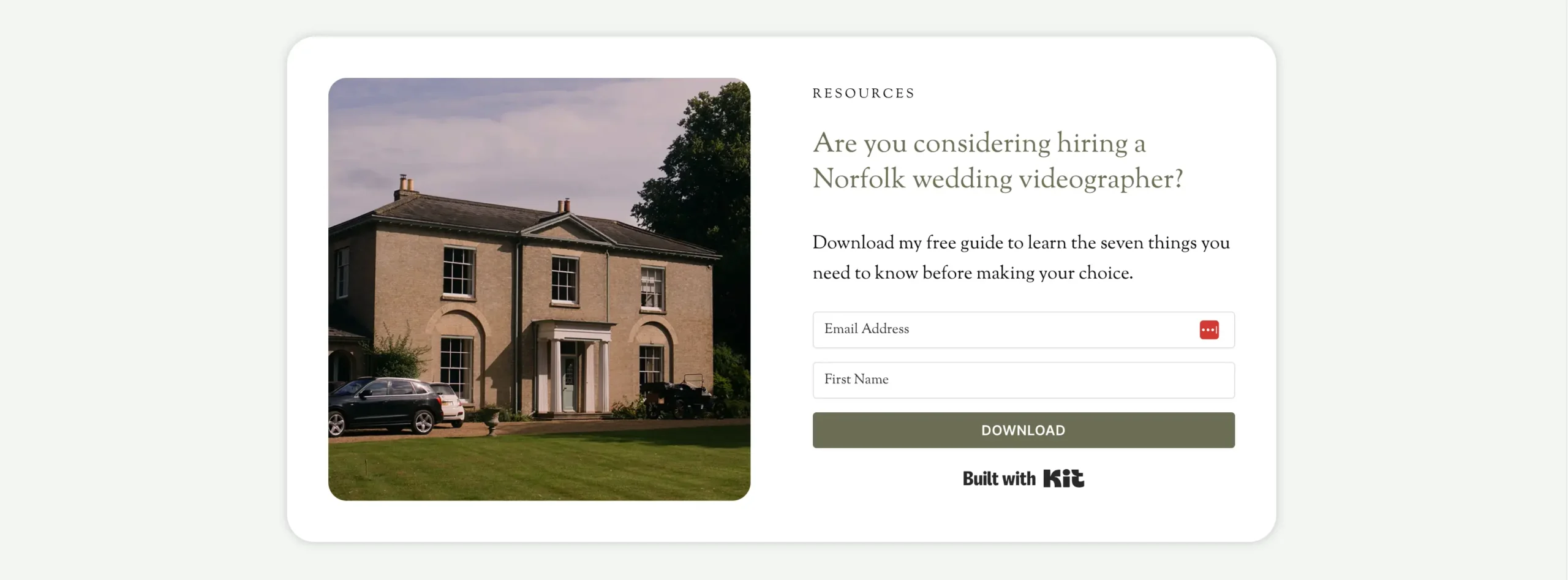 Screenshot of the NWV website showing the Kit lead capture form