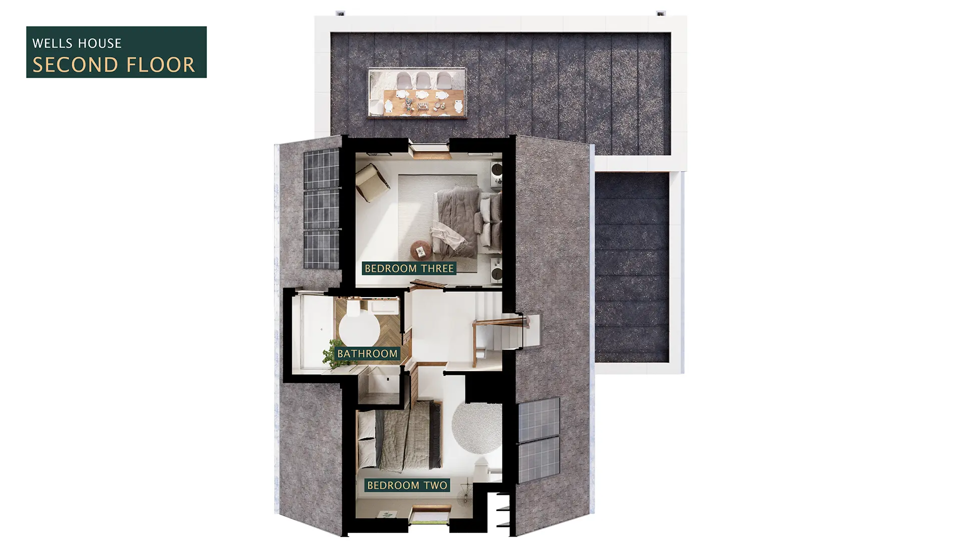 Second floor 3D plan of Wells House