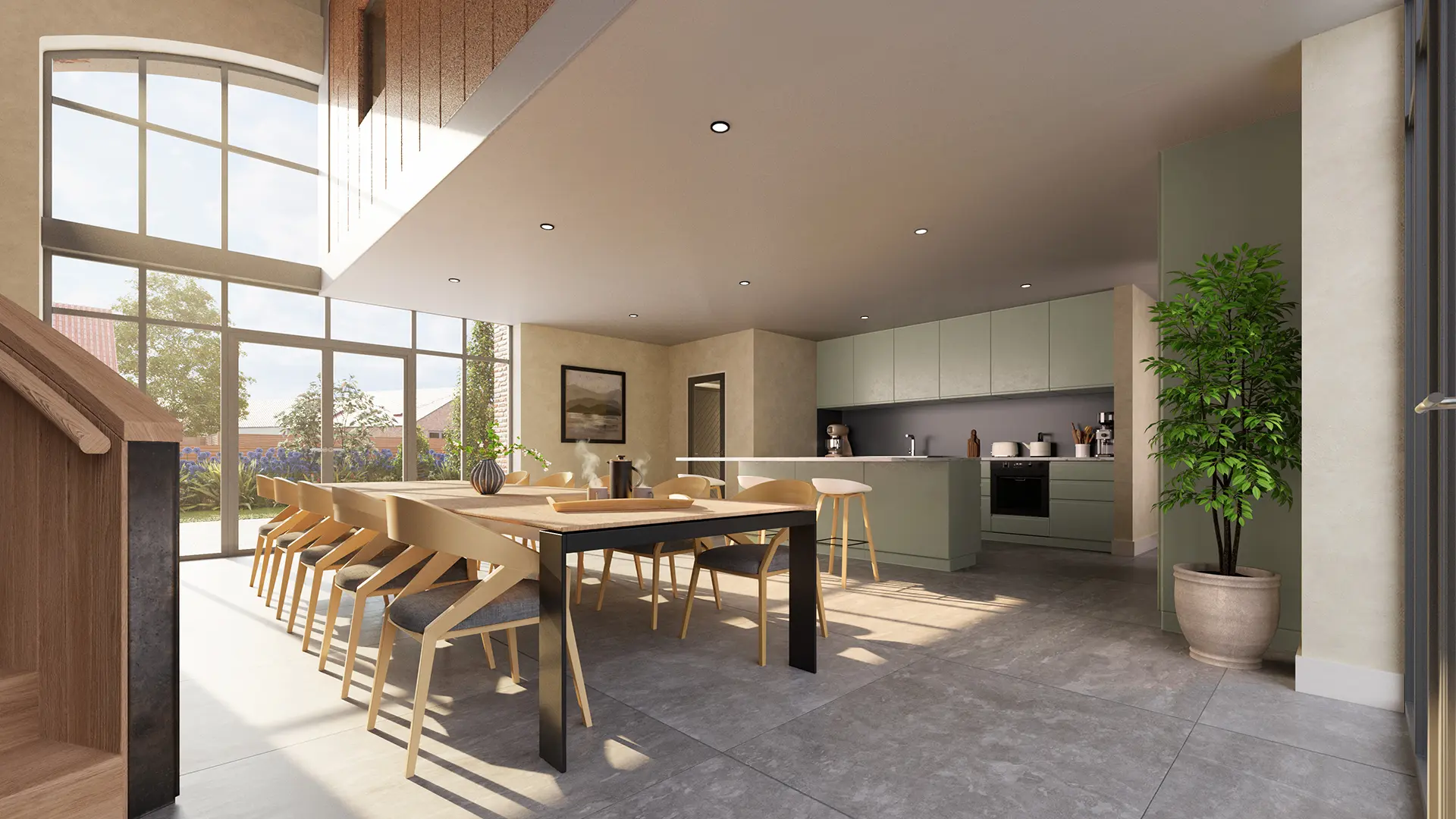 Interior CGI rendering of the kitchen of Plot 1 at Glover Barns