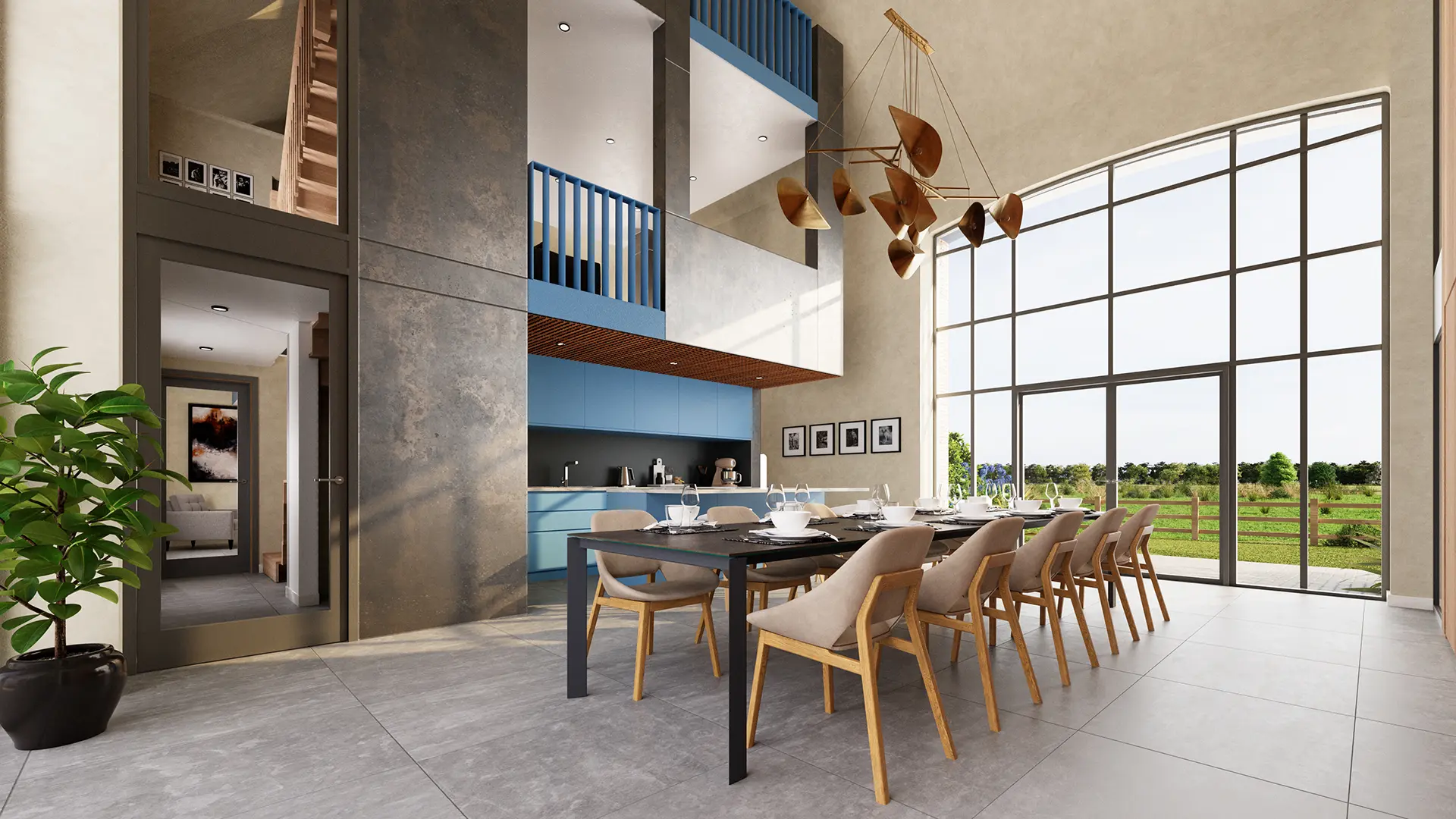 Interior render of the kitchen and dining space at Plot 7 of Glover Barns