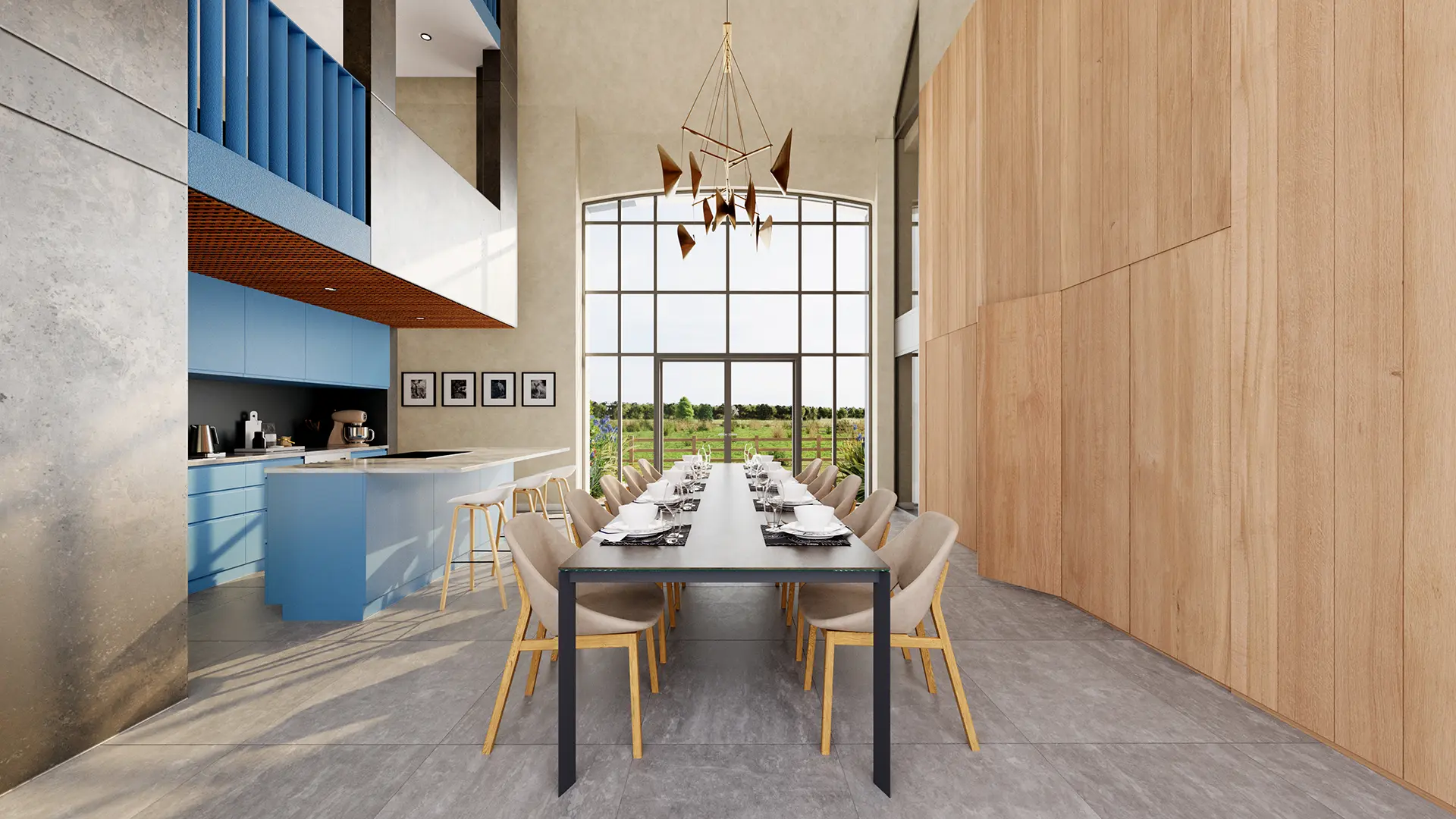 Interior architectural visualisation showing a different angle of the dining space at Plot 7 of Glover Barns as well as the landscape beyond.