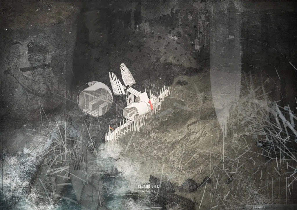 Dark, textured architectural artwork showing a small island-like structure.