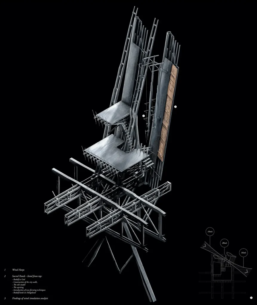 Black technical illustration of the Wind Harps architectural structure and framework.